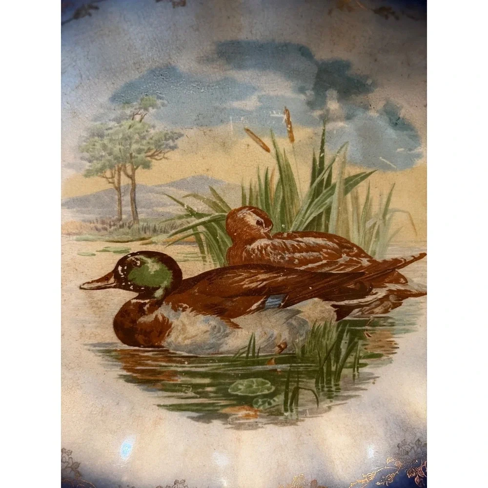 Antique Wood & Son Flow Blue Oval Platter‎ Ducks Gold & Scalloped Edge 15.5